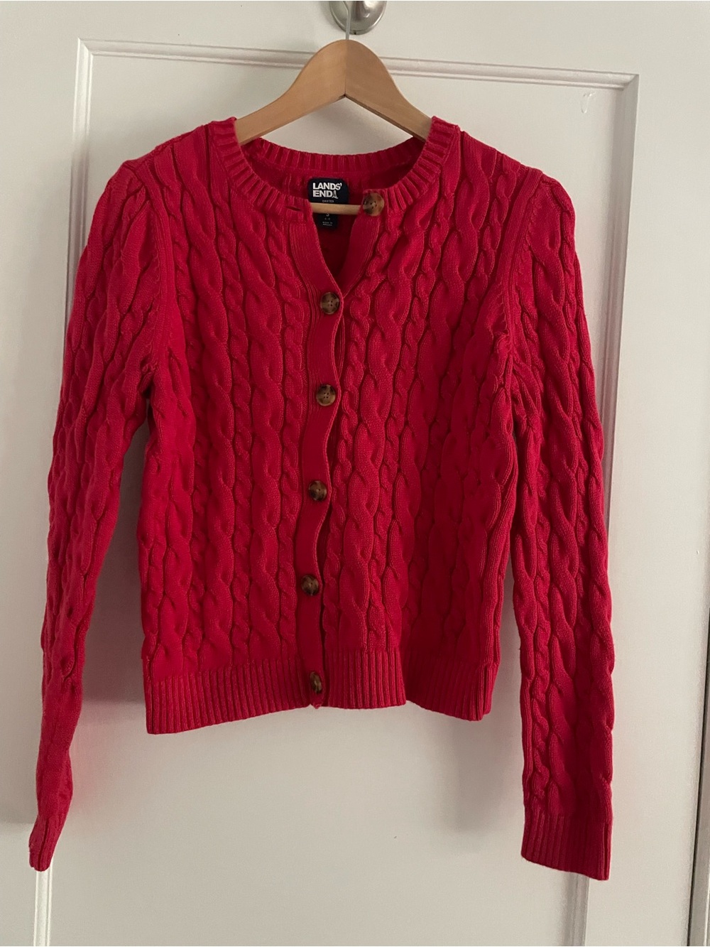 Lands' End Women's Bright Red Cable Knit Cardigan
